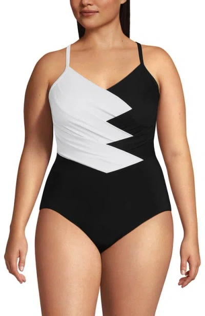 Lands' End Slender Suit V-neck Pleated X-back One Piece Swimsuit Adjustable Straps In Black/white