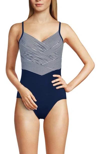 Lands' End Slender Suit V-neck Pleated X-back One Piece Swimsuit Adjustable Straps In Deep Sea Navy Mini Stripe