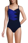 Lands' End Slender Suit V-neck Pleated X-back One Piece Swimsuit Adjustable Straps In Electric Blue/deep Sea Navy