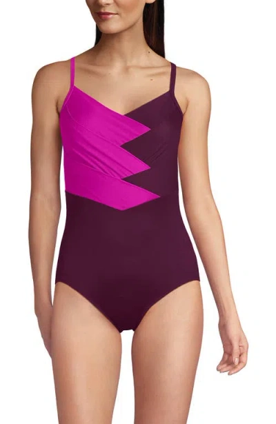 Lands' End Slender Suit V-neck Pleated X-back One Piece Swimsuit Adjustable Straps In Multi