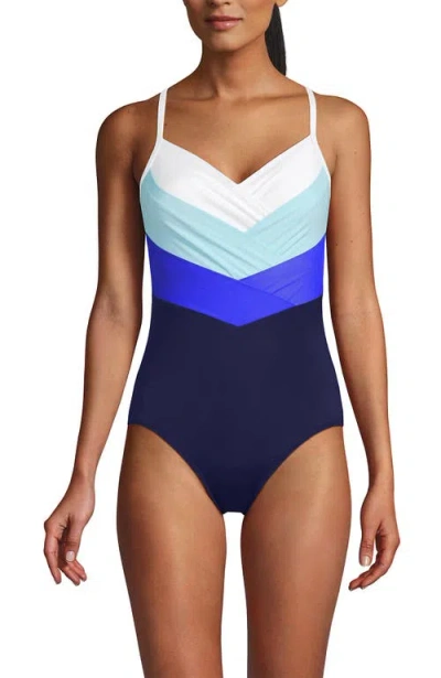 Lands' End Slender Suit V-neck Pleated X-back One Piece Swimsuit Adjustable Straps In Multi