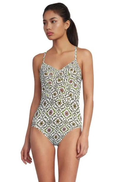 Lands' End Slender Suit V-neck Pleated X-back One Piece Swimsuit Adjustable Straps In Gray