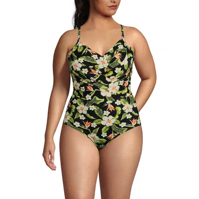 Lands' End Slender Suit V-neck Pleated X-back One Piece Swimsuit Adjustable Straps In Black