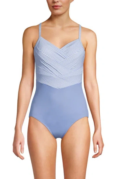 Lands' End Slender Suit V-neck Pleated X-back One Piece Swimsuit Adjustable Straps In Blue