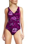 Lands' End Slender Suit Wrap One Piece Swimsuit In Crimson Rose Abstract Floral