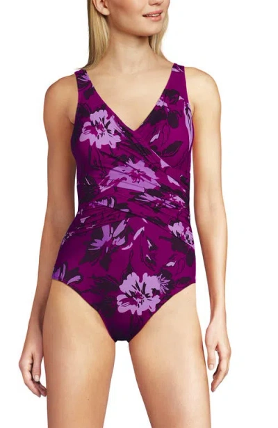 Lands' End Slender Suit Wrap One Piece Swimsuit In Crimson Rose Abstract Floral