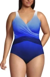 Lands' End Slender Suit Wrap One Piece Swimsuit In Deep Sea Navy/sapphire Ombre