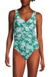 Lands' End Slender Suit Wrap One Piece Swimsuit In Emerald/white Romatic Floral