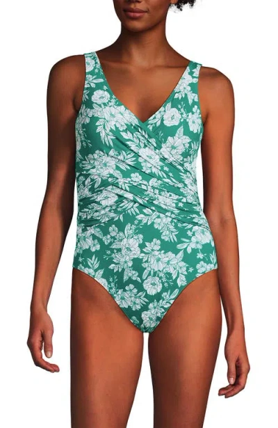 Lands' End Slender Suit Wrap One Piece Swimsuit In Emerald/white Romatic Floral