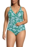 Lands' End Slender Suit Wrap One Piece Swimsuit In Emerald/white Romatic Floral