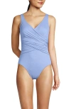 Lands' End Slender Suit Wrap One Piece Swimsuit In Soft Cloud Blue Shine