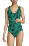 Lands' End Slendersuit Grecian Tummy Control Chlorine Resistant One Piece Swimsuit In Navy/emerald Palm Foliage