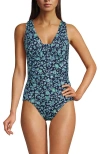 Lands' End Slendersuit Grecian Tummy Control Chlorine Resistant One Piece Swimsuit In Navy/turquoise Ornate Floral