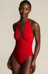 Lands' End Slendersuit Halter Ruched Plunge High Leg One Piece Swimsuit In Red
