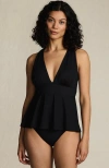 Lands' End Slendersuit Plunge Ruched X-back Ruffle Fauxkini One Piece Swimsuit In Black