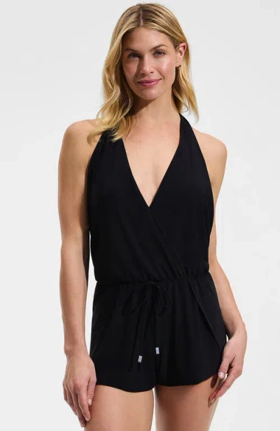 Lands' End Slendersuit Surplice Halter Swim Romper In Black
