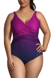 Lands' End Plus Size Slendersuit Tummy Control Chlorine Resistant Wrap One Piece Swimsuit In Violet Rose/navy Ombre