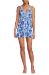 Lands' End Slendersuit V-neck Wrap Swim Dress One Piece Swimsuit Adjustable Straps In Blue