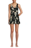 Lands' End Slendersuit V-neck Wrap Swim Dress One Piece Swimsuit Adjustable Straps In Black Plumeria Floral