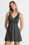 Lands' End Slendersuit V-neck Wrap Swim Dress One Piece Swimsuit Adjustable Straps In Black Shine