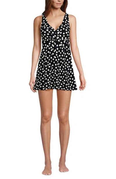 Lands' End Slendersuit V-neck Wrap Swim Dress One Piece Swimsuit Adjustable Straps In Black/egret White Tossed Dots