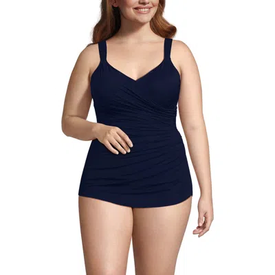 Lands' End Slendersuit V-neck Skirted Low Leg One Piece In Blue