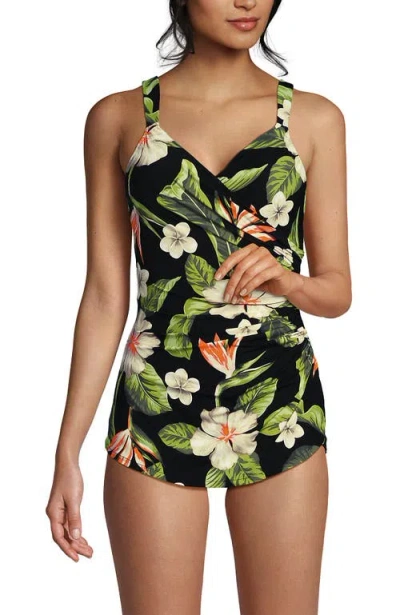 Lands' End Slendersuit V-neck Skirted Low Leg One Piece In Multi