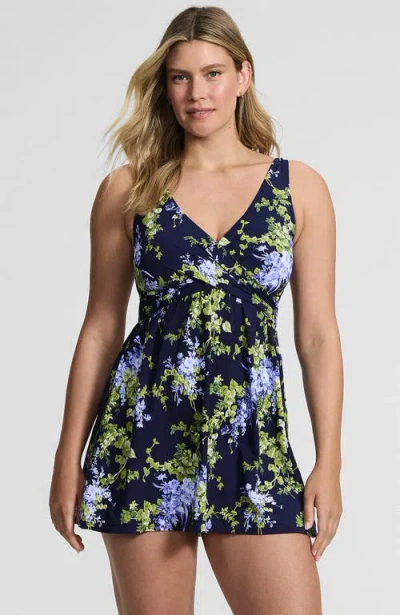 Lands' End Slendersuit V-neck Wrap Swim Dress One Piece Swimsuit Adjustable Straps In Multi