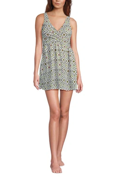 Lands' End Slendersuit V-neck Wrap Swim Dress One Piece Swimsuit Adjustable Straps In Multi