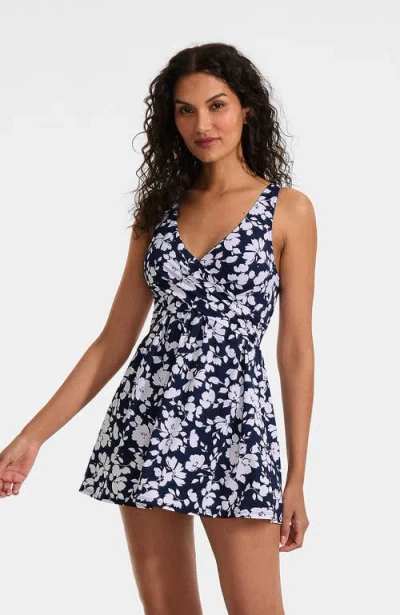 Lands' End Slendersuit V-neck Wrap Swim Dress One Piece Swimsuit Adjustable Straps In Gold