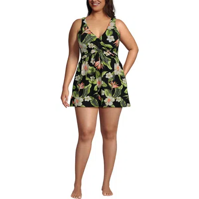 Lands' End Slendersuit V-neck Wrap Swim Dress One Piece Swimsuit Adjustable Straps In Green