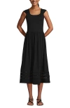Lands' End Slub Cap Sleeve Shirred Skirt Midi Dress In Black
