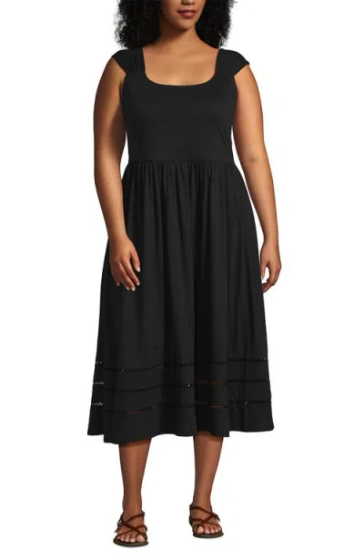 Lands' End Slub Cap Sleeve Shirred Skirt Midi Dress In Black
