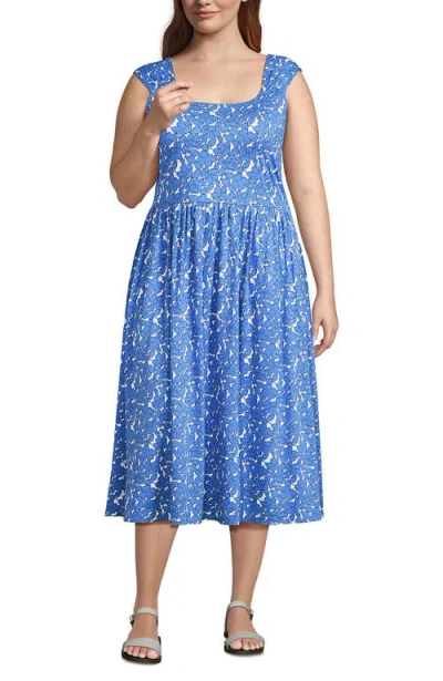 Lands' End Slub Cap Sleeve Shirred Skirt Midi Dress In Blue