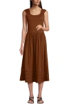 Lands' End Slub Cap Sleeve Shirred Skirt Midi Dress In Brown