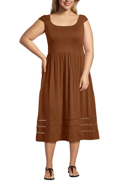 Lands' End Slub Cap Sleeve Shirred Skirt Midi Dress In Brown