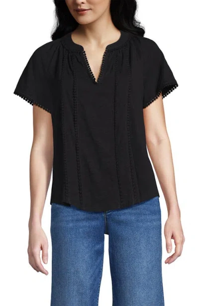 Lands' End Slub Short Sleeve Notch Neck Top In Black