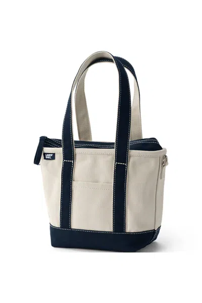 Lands' End Small 3 Pocket Zip Top Long Handle Canvas Tote Bag In White