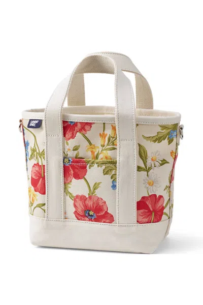 Lands' End Small Print 5 Pocket Open Top Canvas Tote Bag In White