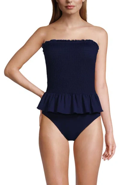 Lands' End Smocked Bandeau Peplum One Piece Swimsuit In Blue