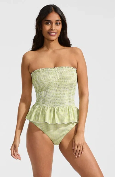 Lands' End Smocked Bandeau Peplum One Piece Swimsuit In Green