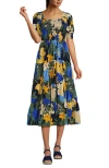 Lands' End Smocked Cotton Dobby Midi Puff Sleeve Dress In Navy Multi Floral Bloom