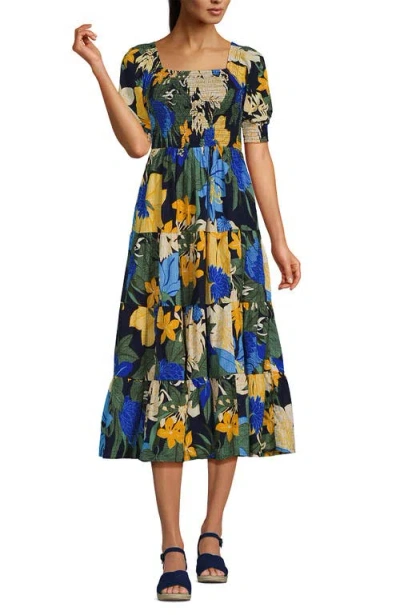 Lands' End Smocked Cotton Dobby Midi Puff Sleeve Dress In Navy Multi Floral Bloom