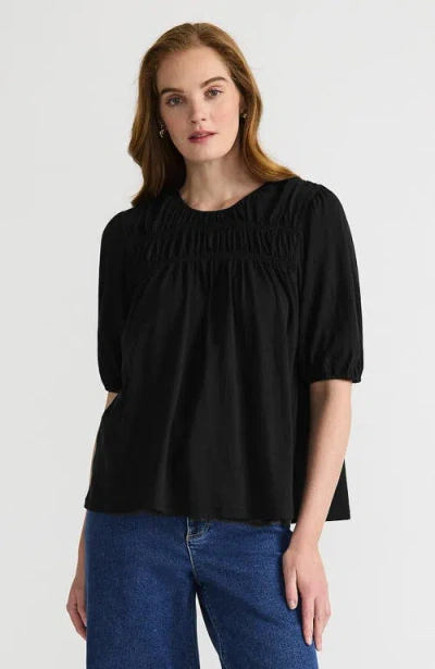 Lands' End Smocked Crew Puff Sleeve Top In Black