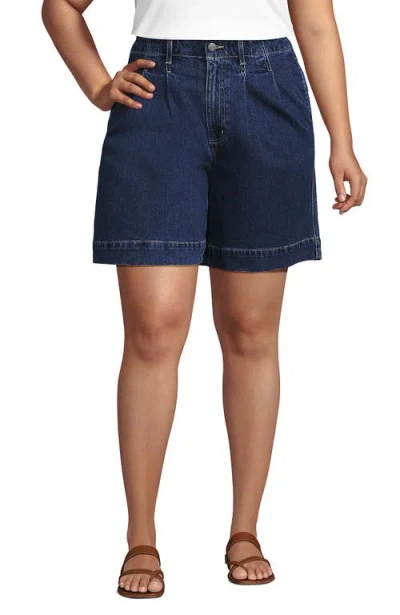 Lands' End Soft Denim High Rise 7" Pleated Trouser Shorts In Blue