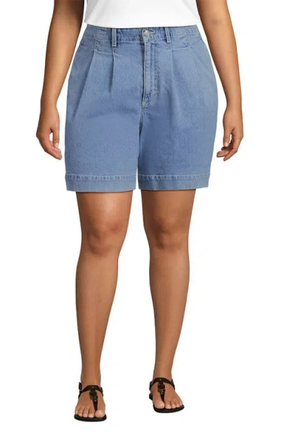 Lands' End Soft Denim High Rise 7" Pleated Trouser Shorts In Blue