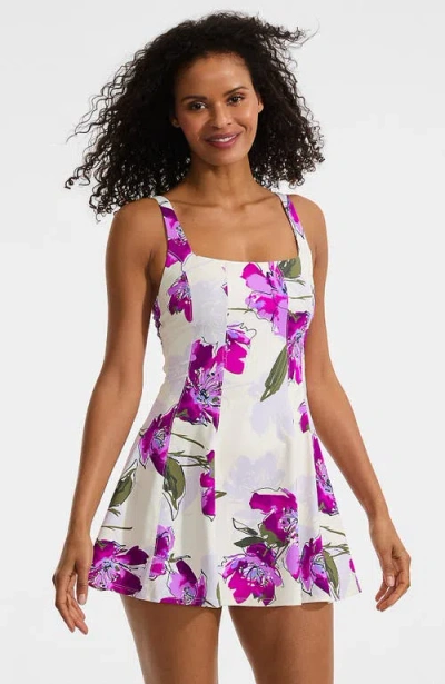 Lands' End Square Neck Corset Seamed Swim Dress In Purple