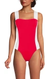 Lands' End Square Neck High Leg One Piece Swimsuit In Coral Rose/white
