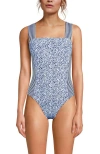 Lands' End Square Neck High Leg One Piece Swimsuit In Navy/white Ditsy Lilies/stripe