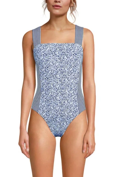 Lands' End Square Neck High Leg One Piece Swimsuit In Navy/white Ditsy Lilies/stripe